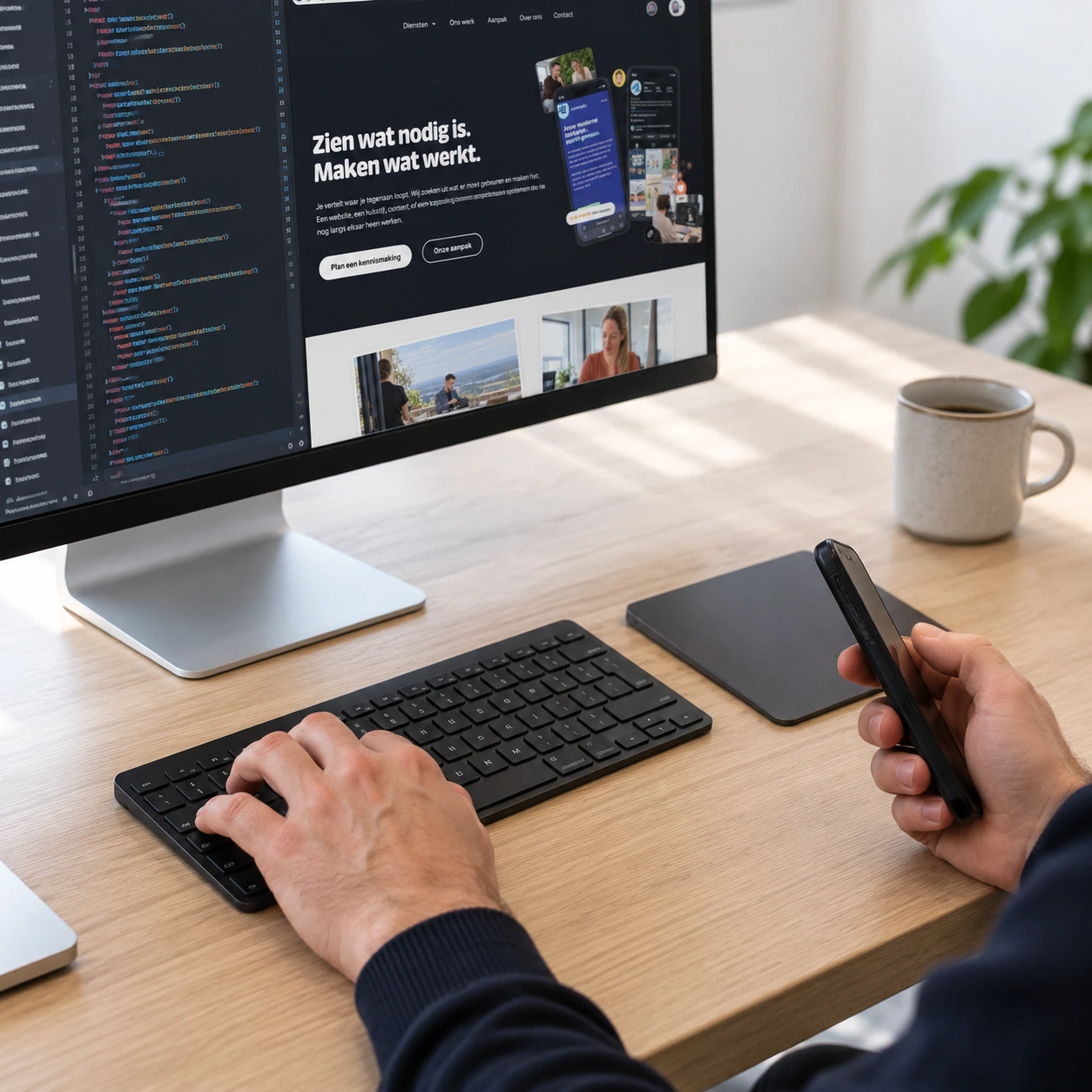 Development workspace with code and a website on two screens — generated visualisation