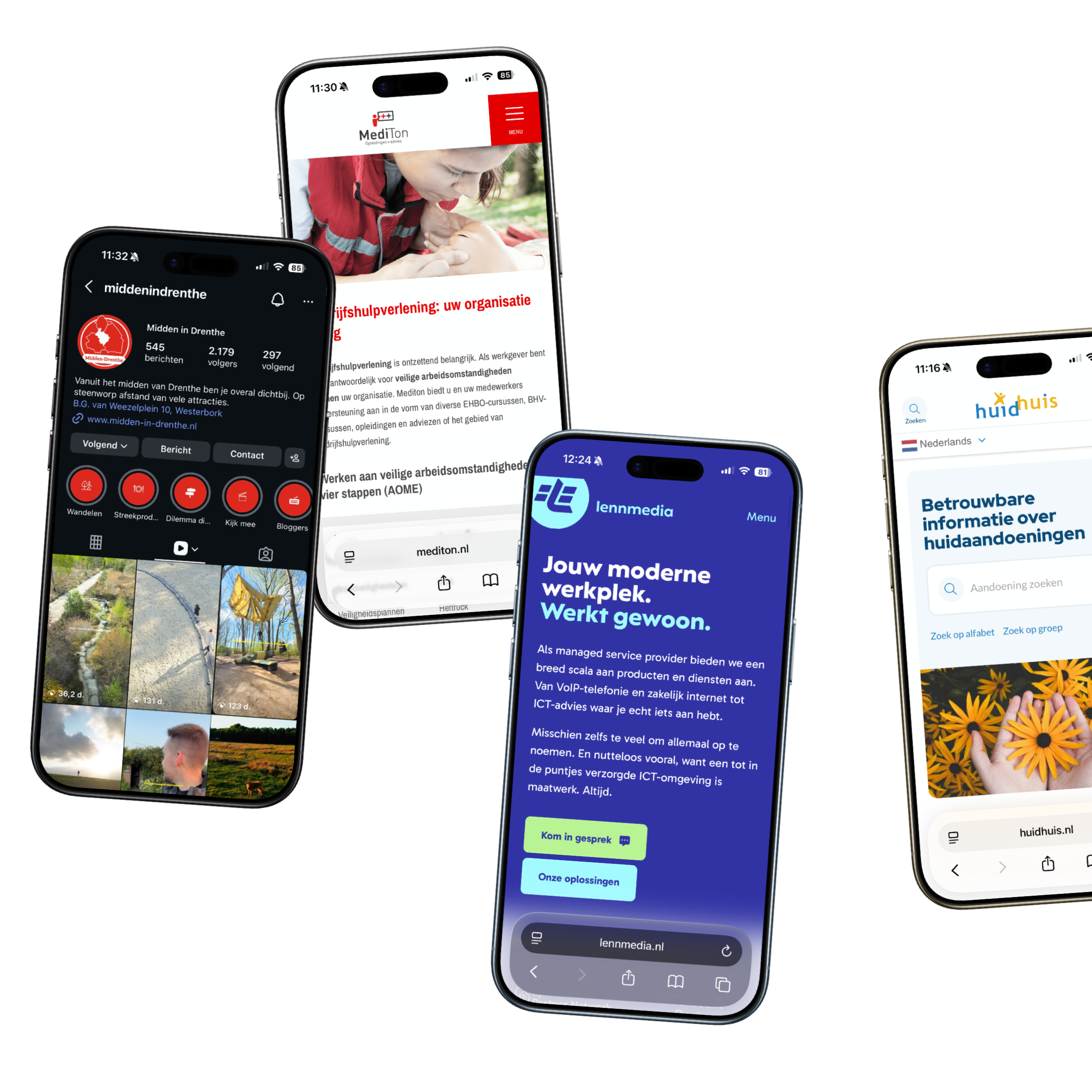 Mobiele mockups van website en social projecten