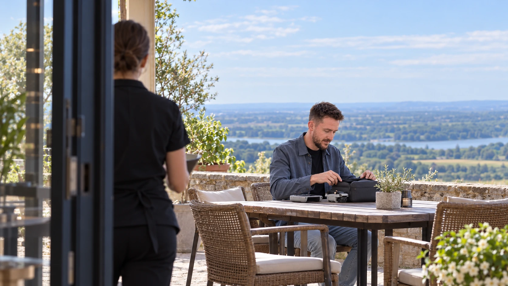 Ben preparing drone equipment on a terrace — AI-generated visual
