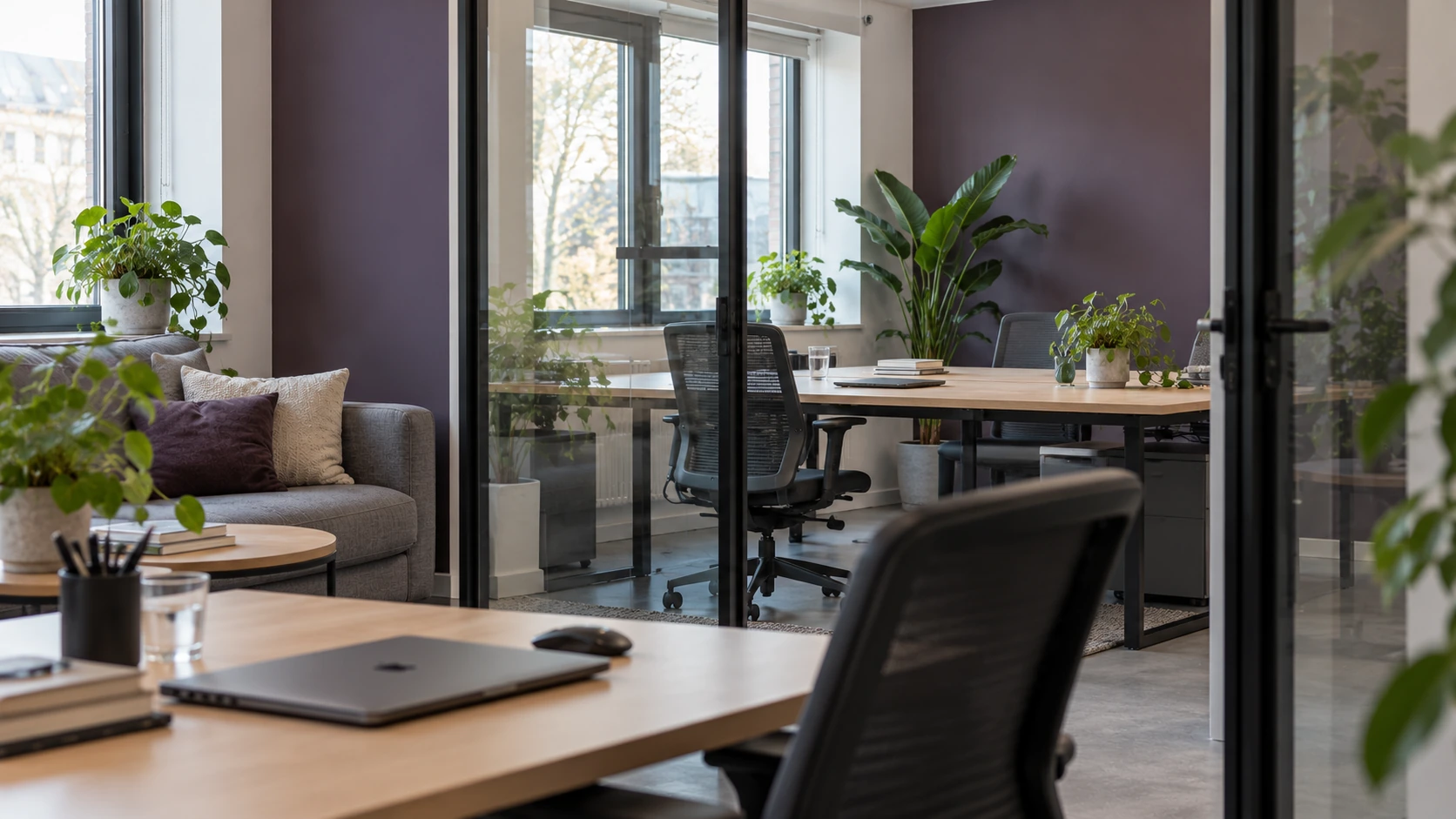 Office and workspace seen through an open glass door — AI-generated visual