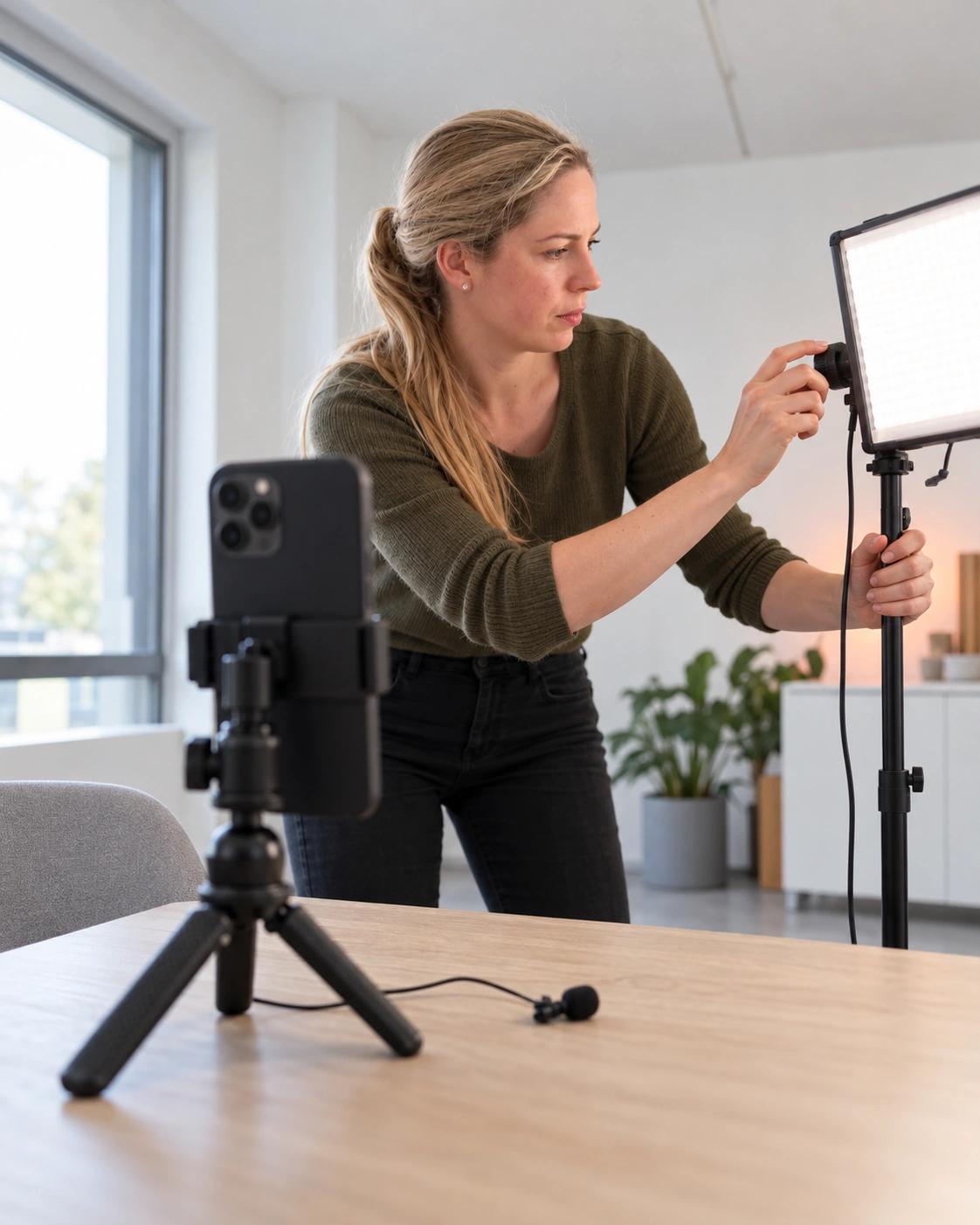 Sanne adjusting lighting for content production — AI-generated visual