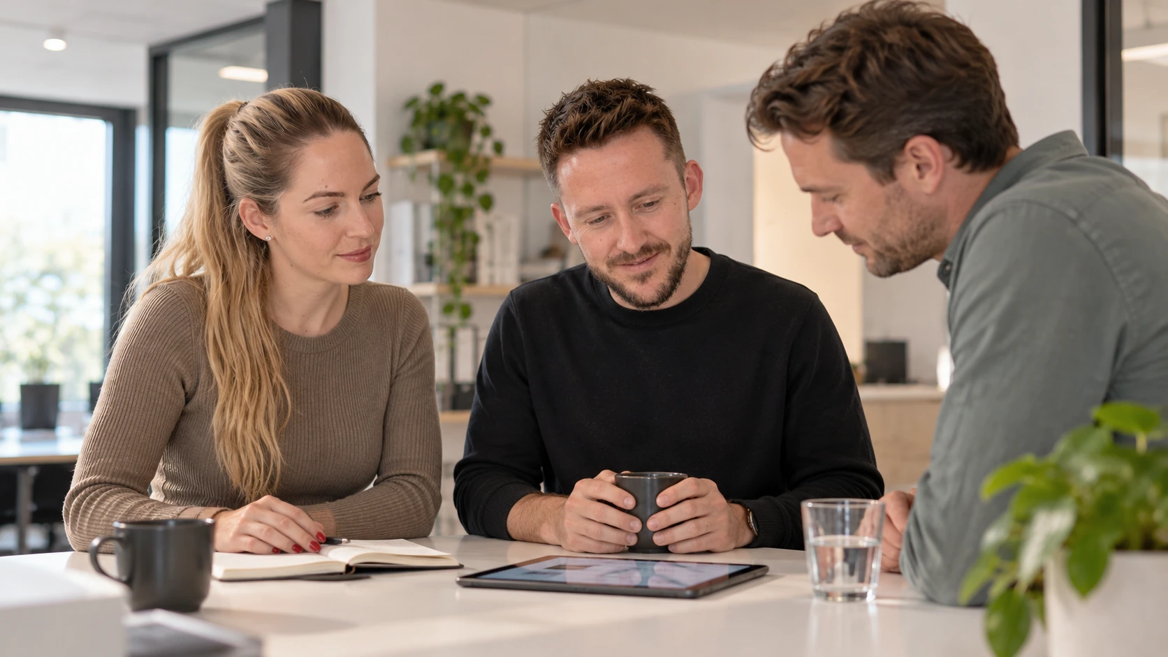 Drie personen bespreken digitaal werk aan een tafel — gegenereerde beeldvisualisatie