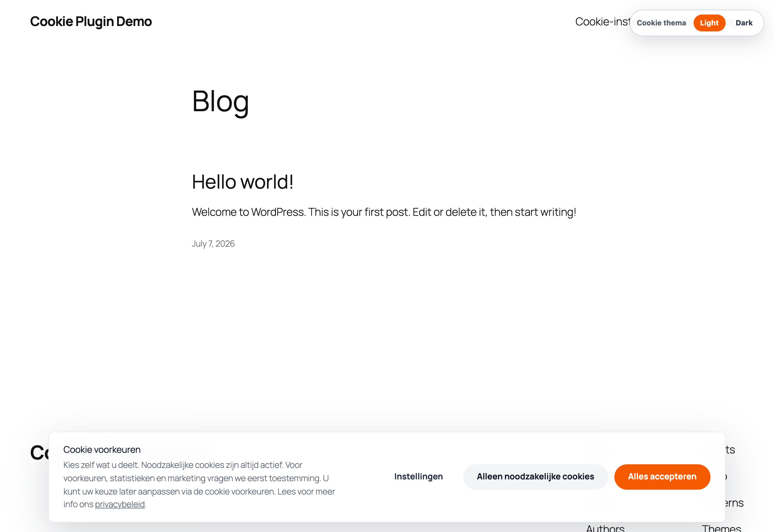 Screenshot van de Web and Brand cookiebar op een WordPress demo-site